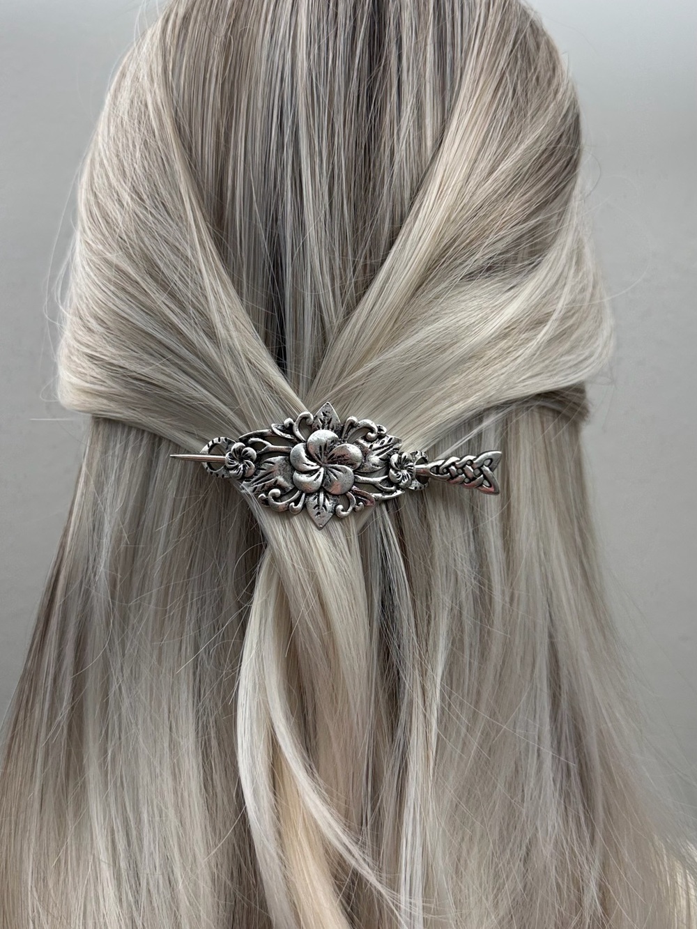 Silver Floral Hair Slide Barrette Celtic Hair Stick Vintage Style Boho